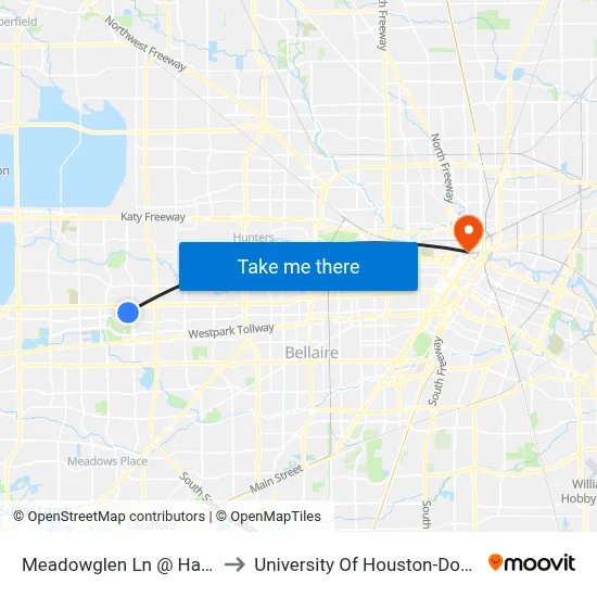 Meadowglen Ln @ Hayes Rd to University Of Houston-Downtown map