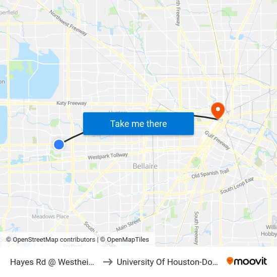 Hayes Rd @ Westheimer Rd to University Of Houston-Downtown map