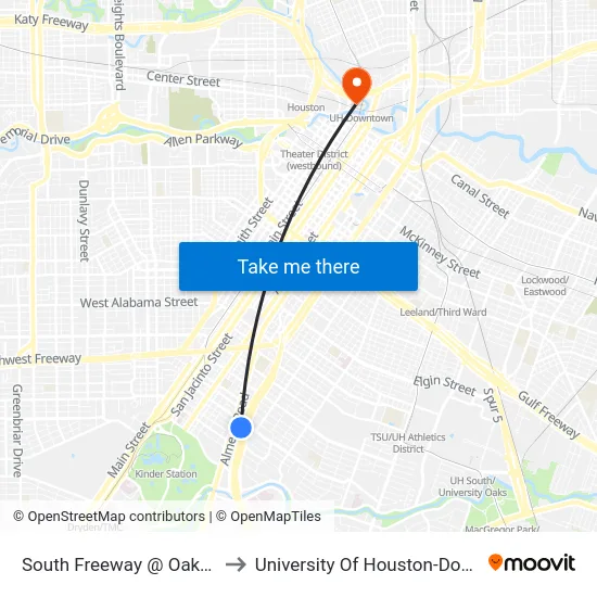South Freeway @ Oakdale St to University Of Houston-Downtown map