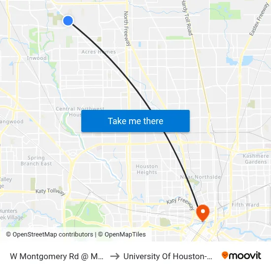 W Montgomery Rd @ Mccrarey Dr to University Of Houston-Downtown map