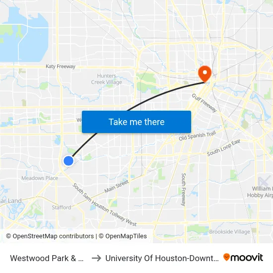 Westwood Park & Ride to University Of Houston-Downtown map