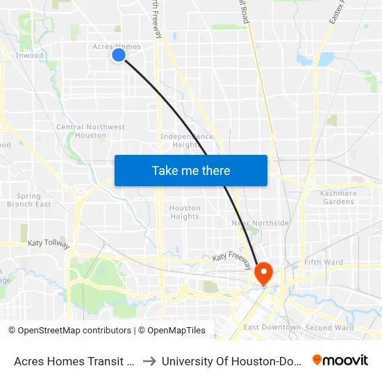 Acres Homes Transit Center to University Of Houston-Downtown map