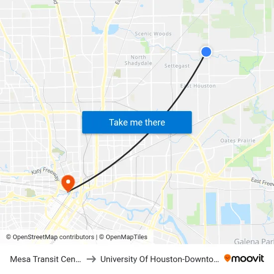 Mesa Transit Center to University Of Houston-Downtown map