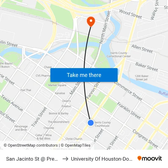 San Jacinto St @ Preston St to University Of Houston-Downtown map