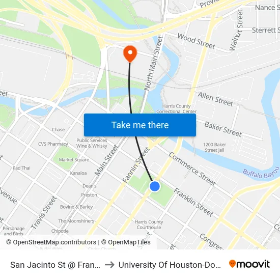 San Jacinto St @ Franklin St to University Of Houston-Downtown map