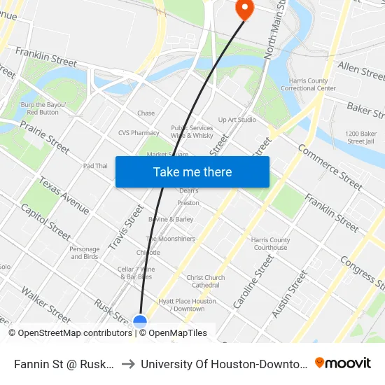 Fannin St @ Rusk St to University Of Houston-Downtown map