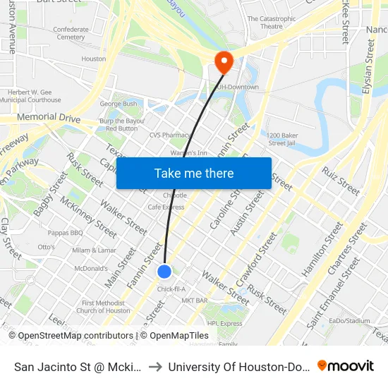 San Jacinto St @ Mckinney St to University Of Houston-Downtown map