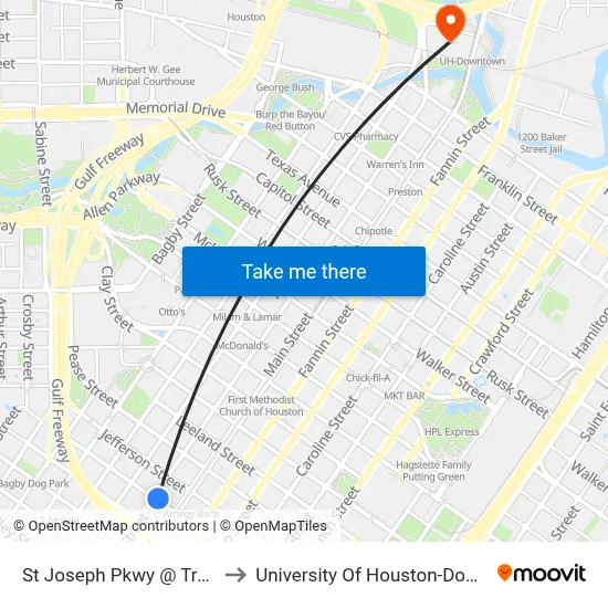 St Joseph Pkwy @ Travis St to University Of Houston-Downtown map