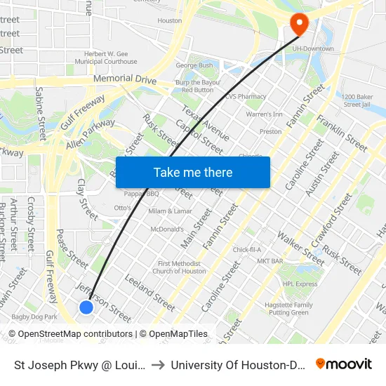 St Joseph Pkwy @ Louisiana St to University Of Houston-Downtown map