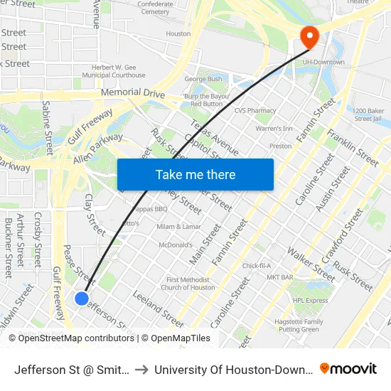 Jefferson St @ Smith St to University Of Houston-Downtown map