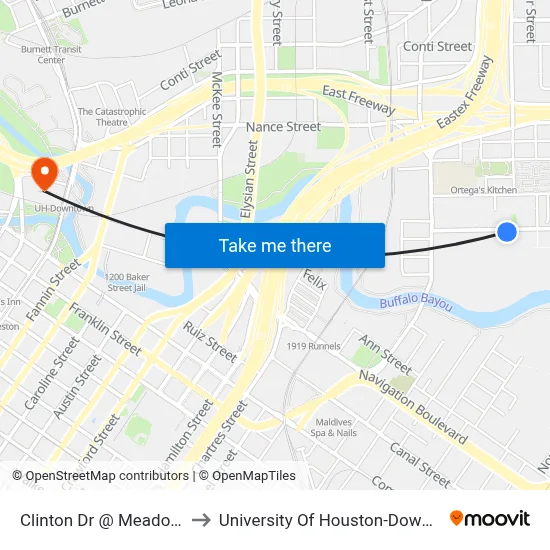 Clinton Dr @ Meadow St to University Of Houston-Downtown map