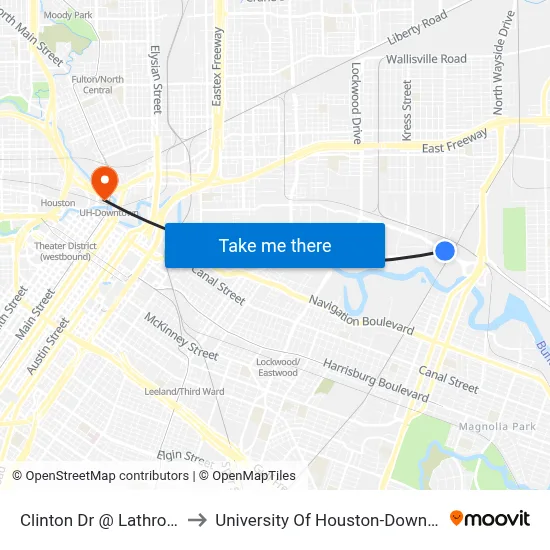 Clinton Dr @ Lathrop St to University Of Houston-Downtown map