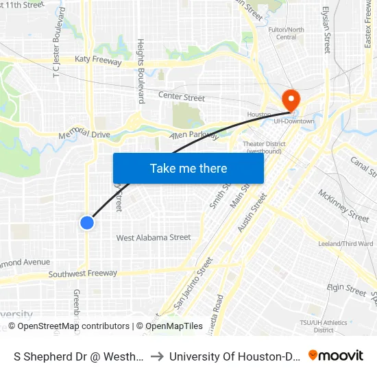S Shepherd Dr @ Westheimer Rd to University Of Houston-Downtown map