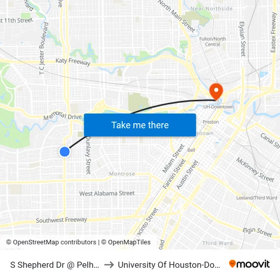 S Shepherd Dr @ Pelham Dr to University Of Houston-Downtown map