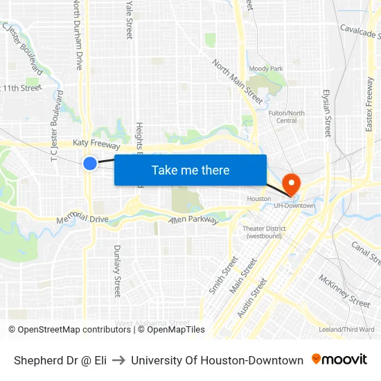 Shepherd Dr @ Eli to University Of Houston-Downtown map