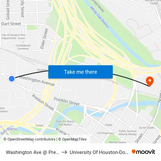 Washington Ave @ Preston St to University Of Houston-Downtown map
