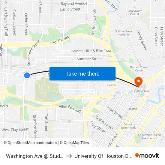 Washington Ave @ Studemont St to University Of Houston-Downtown map