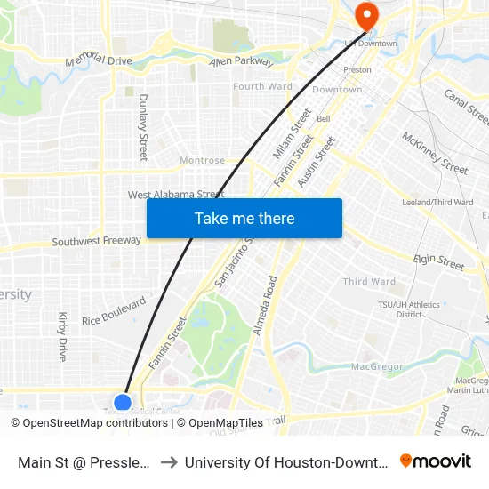 Main St @ Pressler St to University Of Houston-Downtown map
