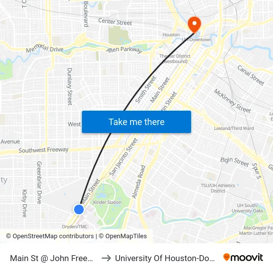 Main St @ John Freeman St to University Of Houston-Downtown map