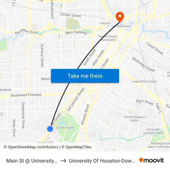 Main St @ University Blvd to University Of Houston-Downtown map