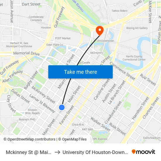 Mckinney St @ Main St to University Of Houston-Downtown map