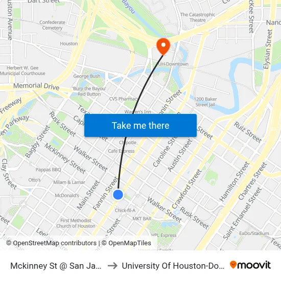 Mckinney St @ San Jacinto St to University Of Houston-Downtown map
