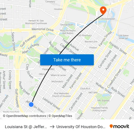 Louisiana St @ Jefferson St to University Of Houston-Downtown map