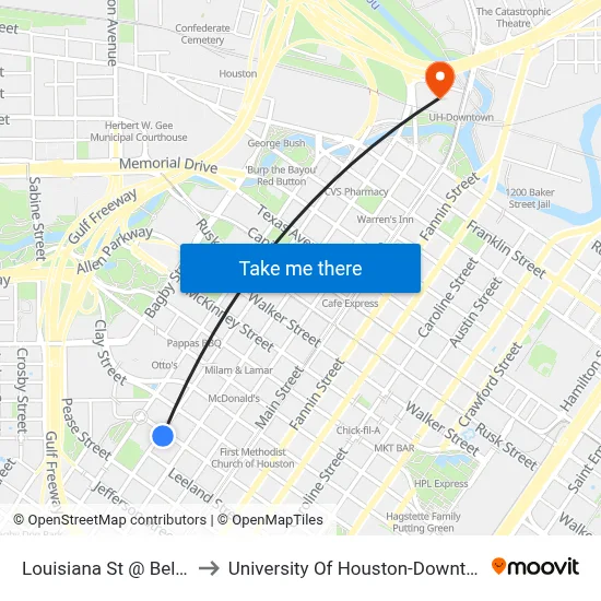 Louisiana St @ Bell St to University Of Houston-Downtown map