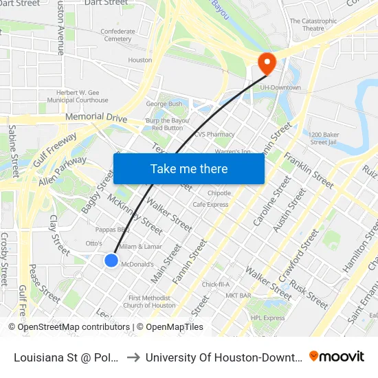 Louisiana St @ Polk St to University Of Houston-Downtown map