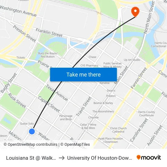 Louisiana St @ Walker St to University Of Houston-Downtown map