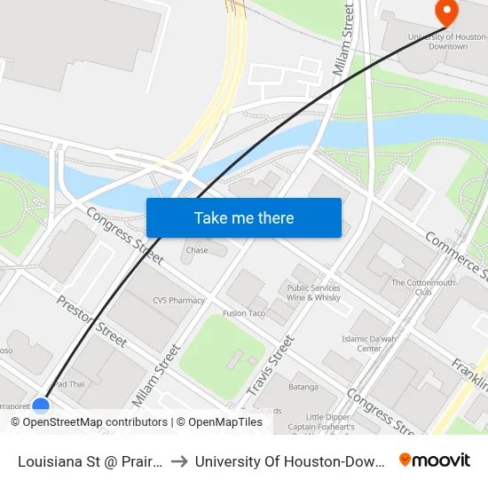 Louisiana St @ Prairie St to University Of Houston-Downtown map