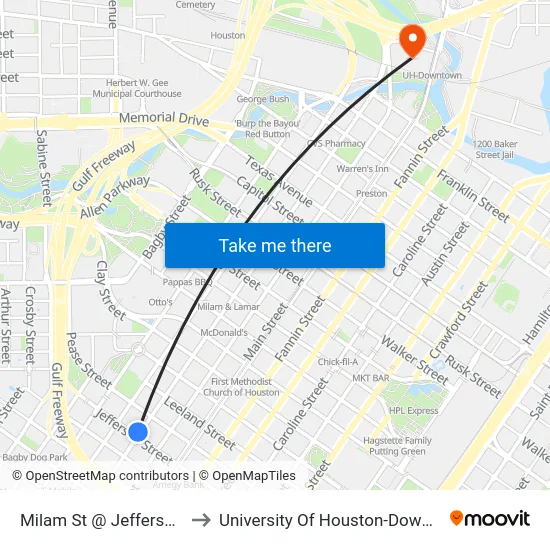 Milam St @ Jefferson St to University Of Houston-Downtown map