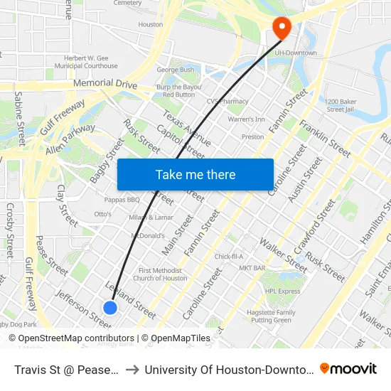 Travis St @ Pease St to University Of Houston-Downtown map