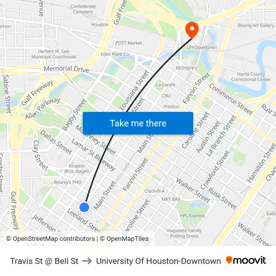 Travis St @ Bell St to University Of Houston-Downtown map