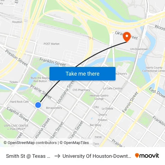 Smith St @ Texas Ave to University Of Houston-Downtown map