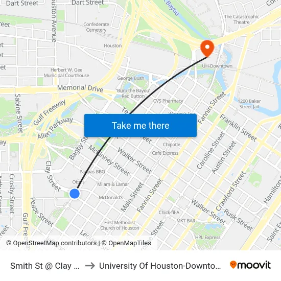 Smith St @ Clay St to University Of Houston-Downtown map