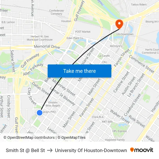 Smith St @ Bell St to University Of Houston-Downtown map