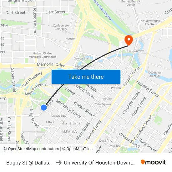 Bagby St @ Dallas St to University Of Houston-Downtown map