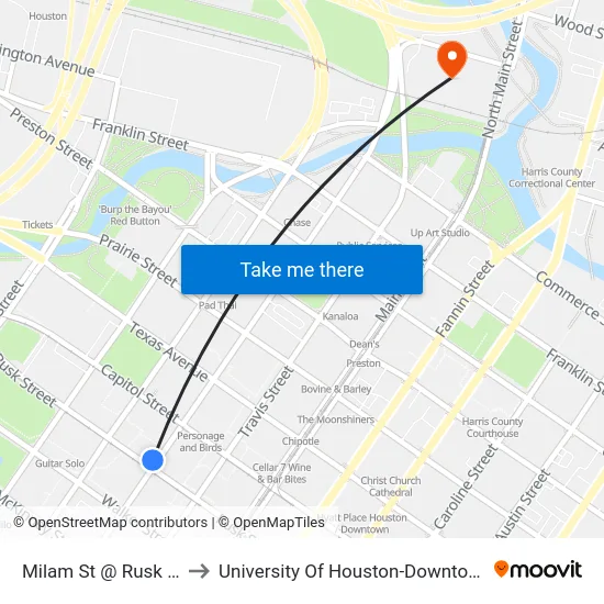 Milam St @ Rusk St to University Of Houston-Downtown map