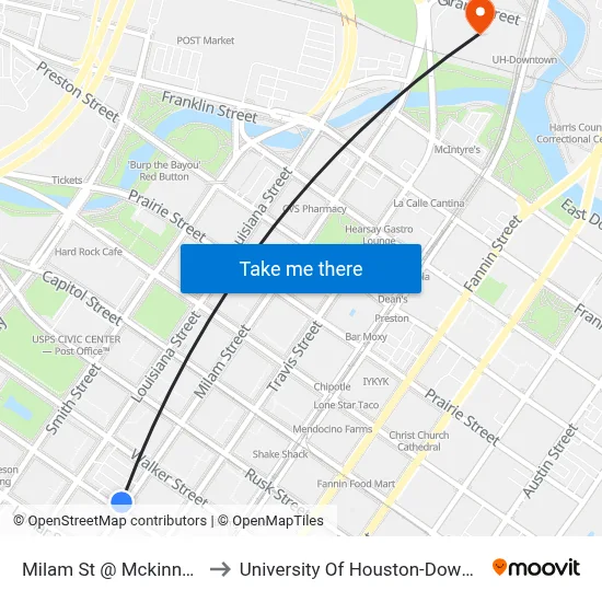 Milam St @ Mckinney St to University Of Houston-Downtown map