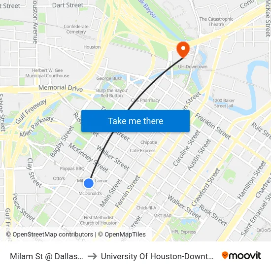 Milam St @ Dallas St to University Of Houston-Downtown map