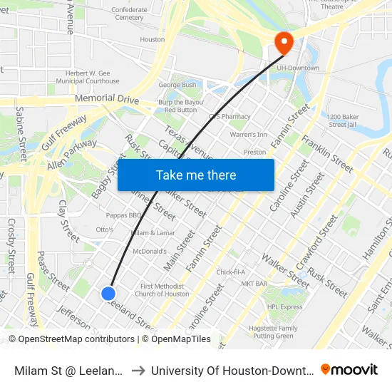 Milam St @ Leeland St to University Of Houston-Downtown map