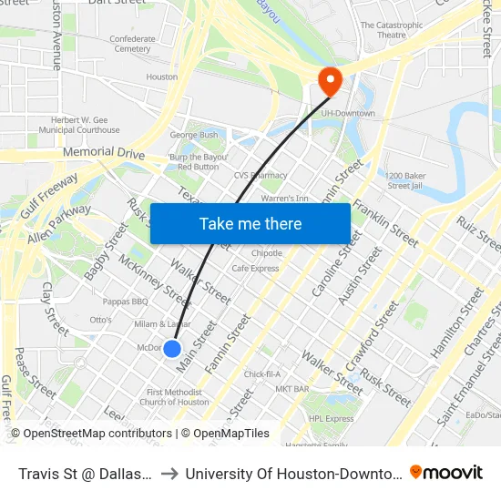 Travis St @ Dallas St to University Of Houston-Downtown map
