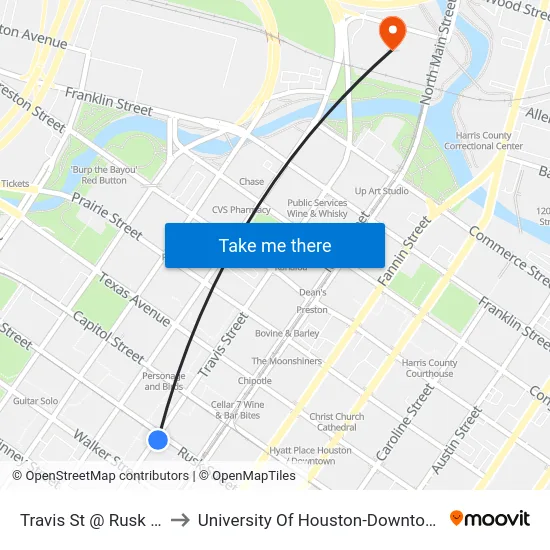 Travis St @ Rusk St to University Of Houston-Downtown map