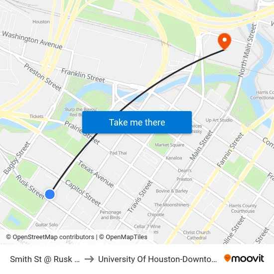 Smith St @ Rusk St to University Of Houston-Downtown map