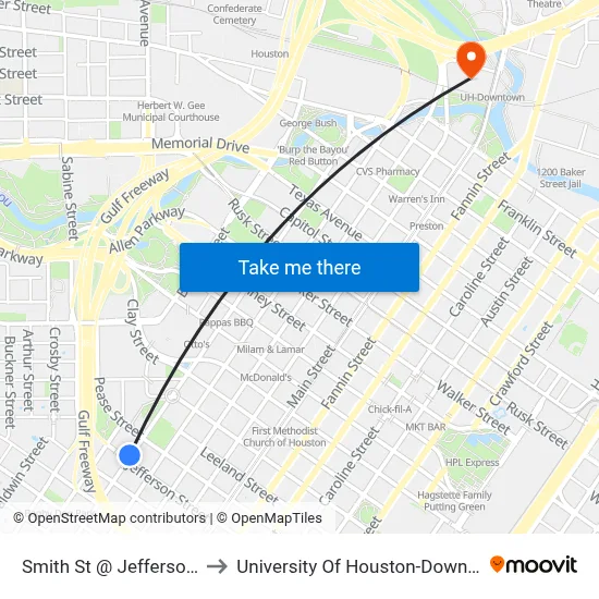 Smith St @ Jefferson St to University Of Houston-Downtown map