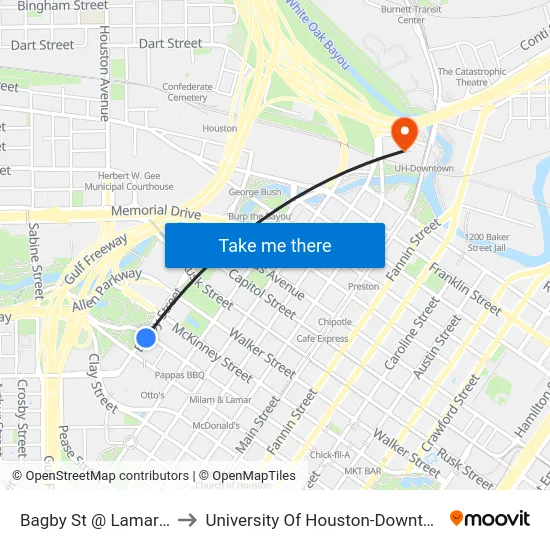 Bagby St @ Lamar St to University Of Houston-Downtown map