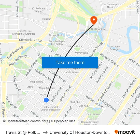 Travis St @ Polk St to University Of Houston-Downtown map