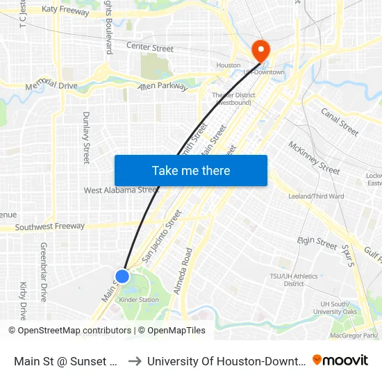 Main St @ Sunset Blvd to University Of Houston-Downtown map