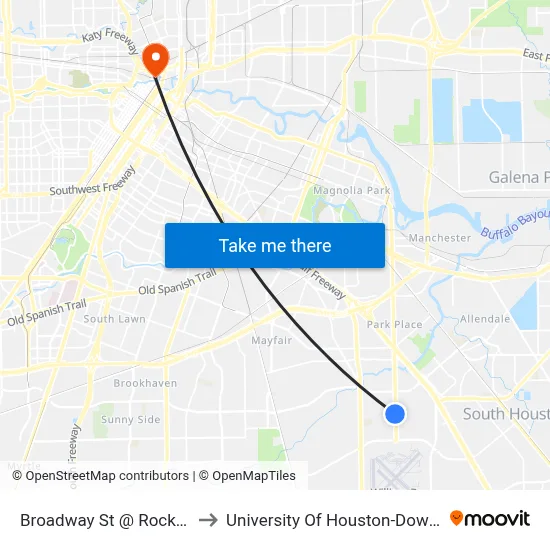 Broadway St @ Rockhill St to University Of Houston-Downtown map